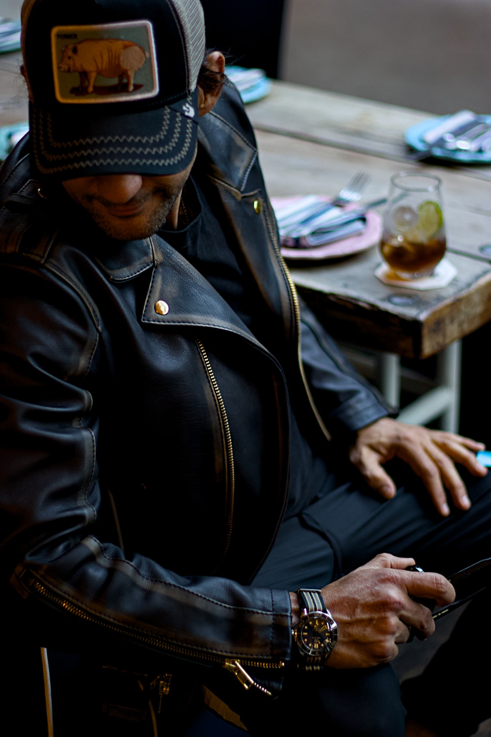GOLD Biker Leather Jacket in Distressed Brown Antique Black - Golden Two-way Zippers