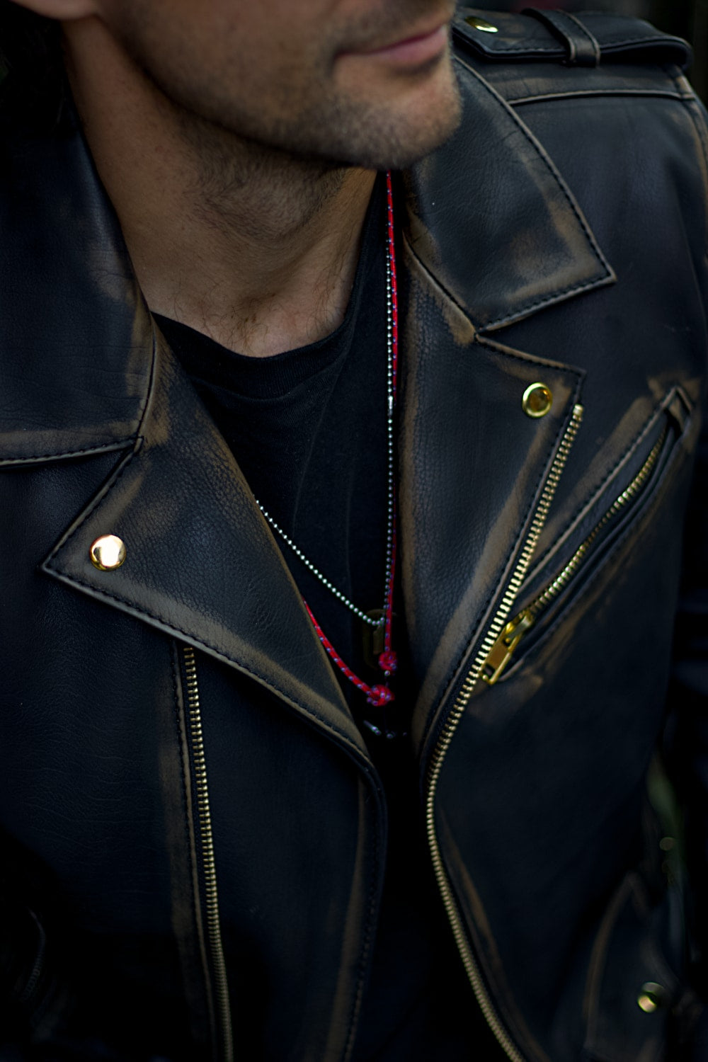 GOLD Biker Leather Jacket in Distressed Brown Antique Black - Golden Two-way Zippers