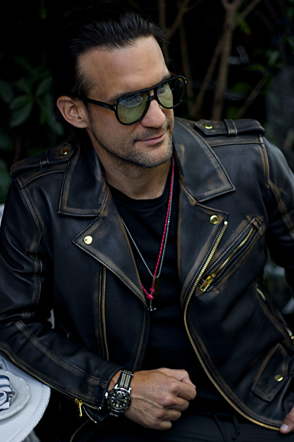 GOLD Biker Leather Jacket in Distressed Brown Antique Black - Golden Two-way Zippers