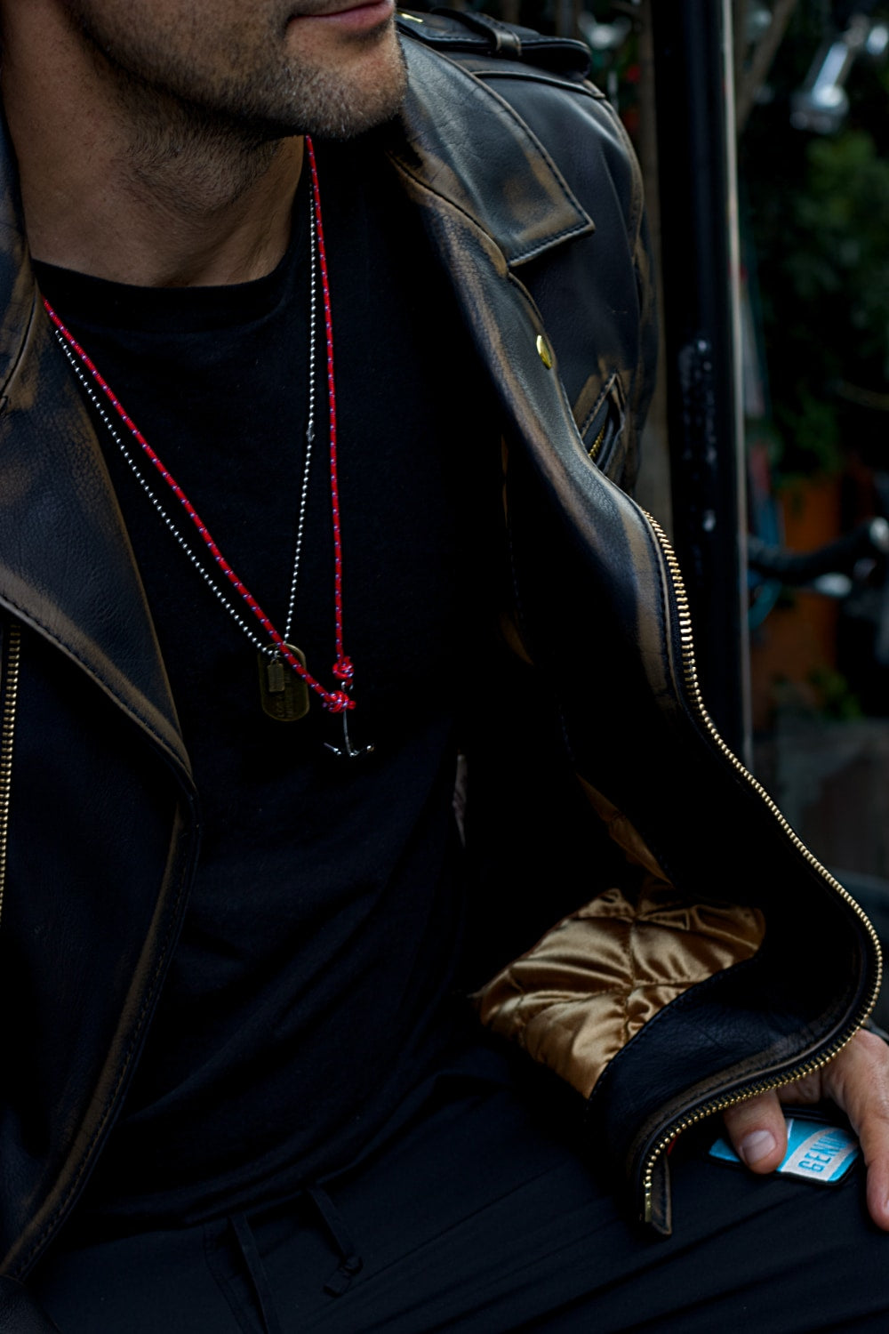 GOLD Biker Leather Jacket in Distressed Brown Antique Black - Golden Two-way Zippers