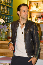 R80 Leather Jacket Vintage HEUER Edition Metallic Zippers Mens Distressed Black with Green