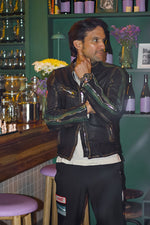 R80 Leather Jacket Vintage HEUER Edition Metallic Zippers Mens Distressed Black with Green