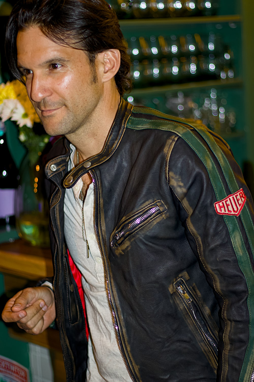 R80 Leather Jacket Vintage HEUER Edition Metallic Zippers Mens Distressed Black with Green