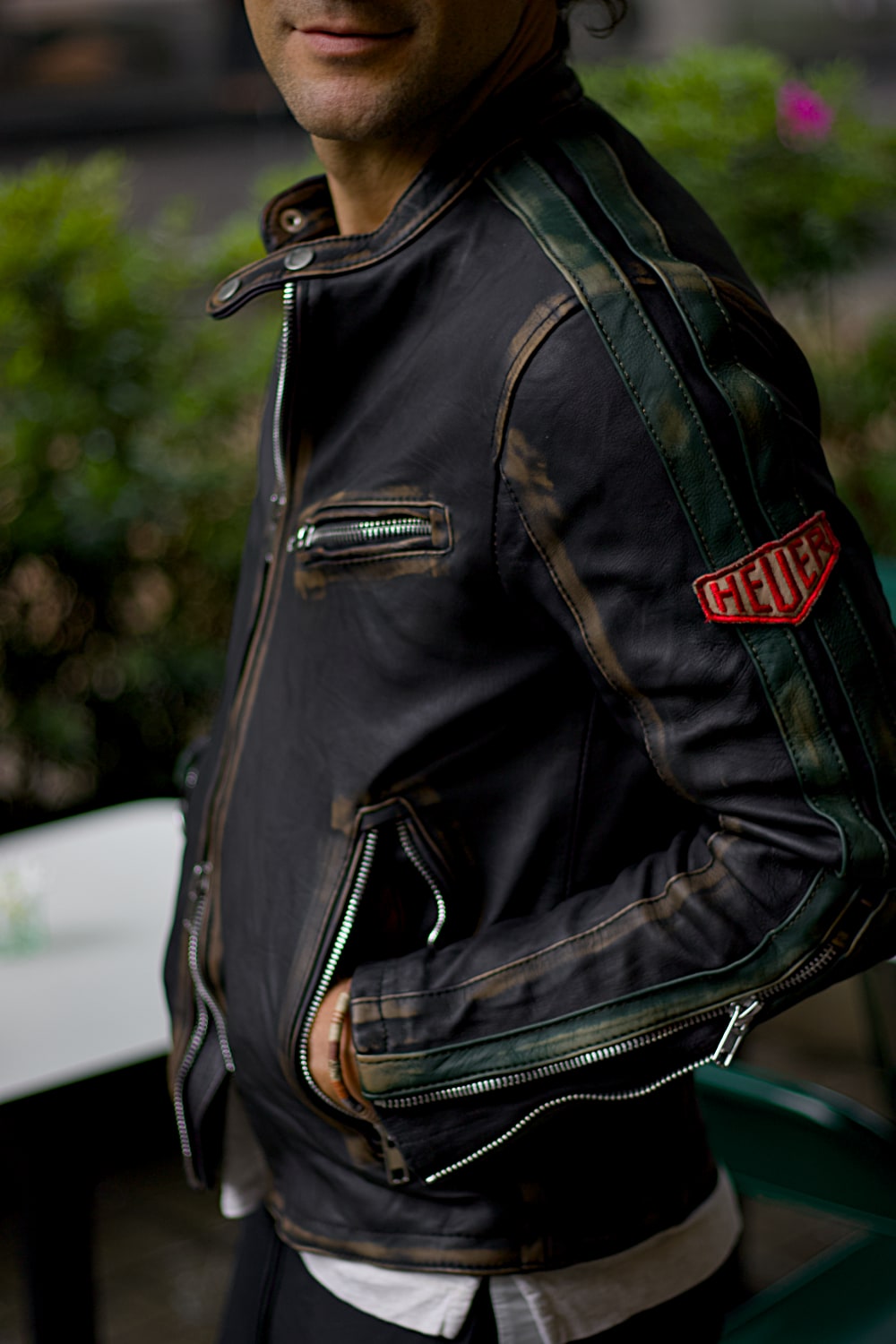 R80 Leather Jacket Vintage HEUER Edition Metallic Zippers Mens Distressed Black with Green