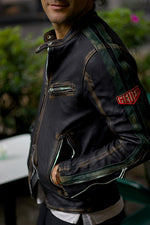 R80 Leather Jacket Vintage HEUER Edition Metallic Zippers Mens Distressed Black with Green
