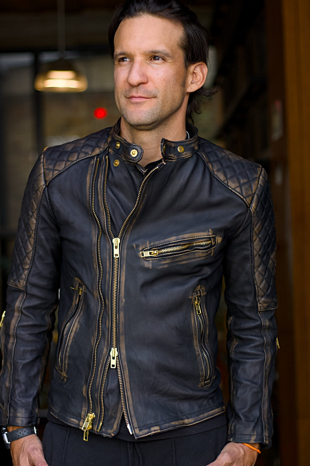 GOLD 25 Leather Jacket Distressed Black Quilted with abstract inside Mens