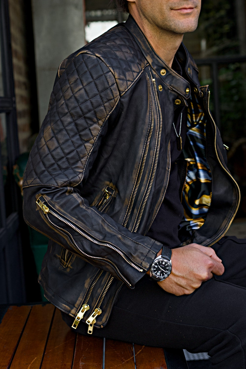 GOLD 25 Leather Jacket Distressed Black Quilted with abstract inside Mens