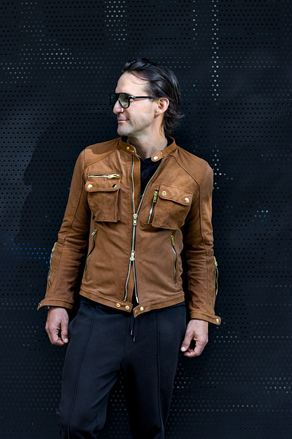 Mi6 Leather Jacket in Amber with Gold Accents - Mens - Cargo Pockets