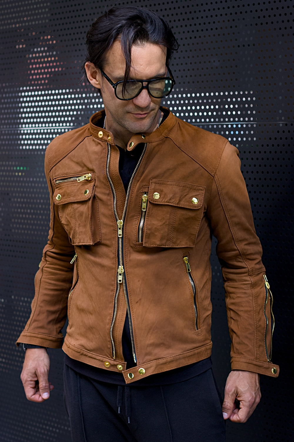 Mi6 Leather Jacket in Amber with Gold Accents - Mens - Cargo Pockets