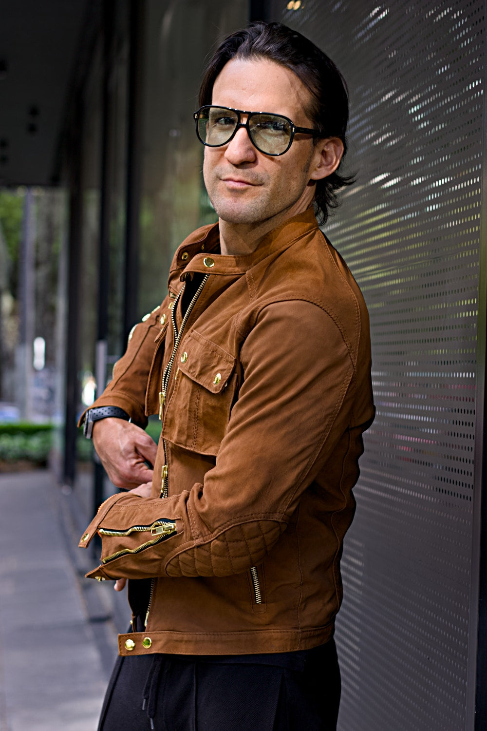 Mi6 Leather Jacket in Amber with Gold Accents - Mens - Cargo Pockets