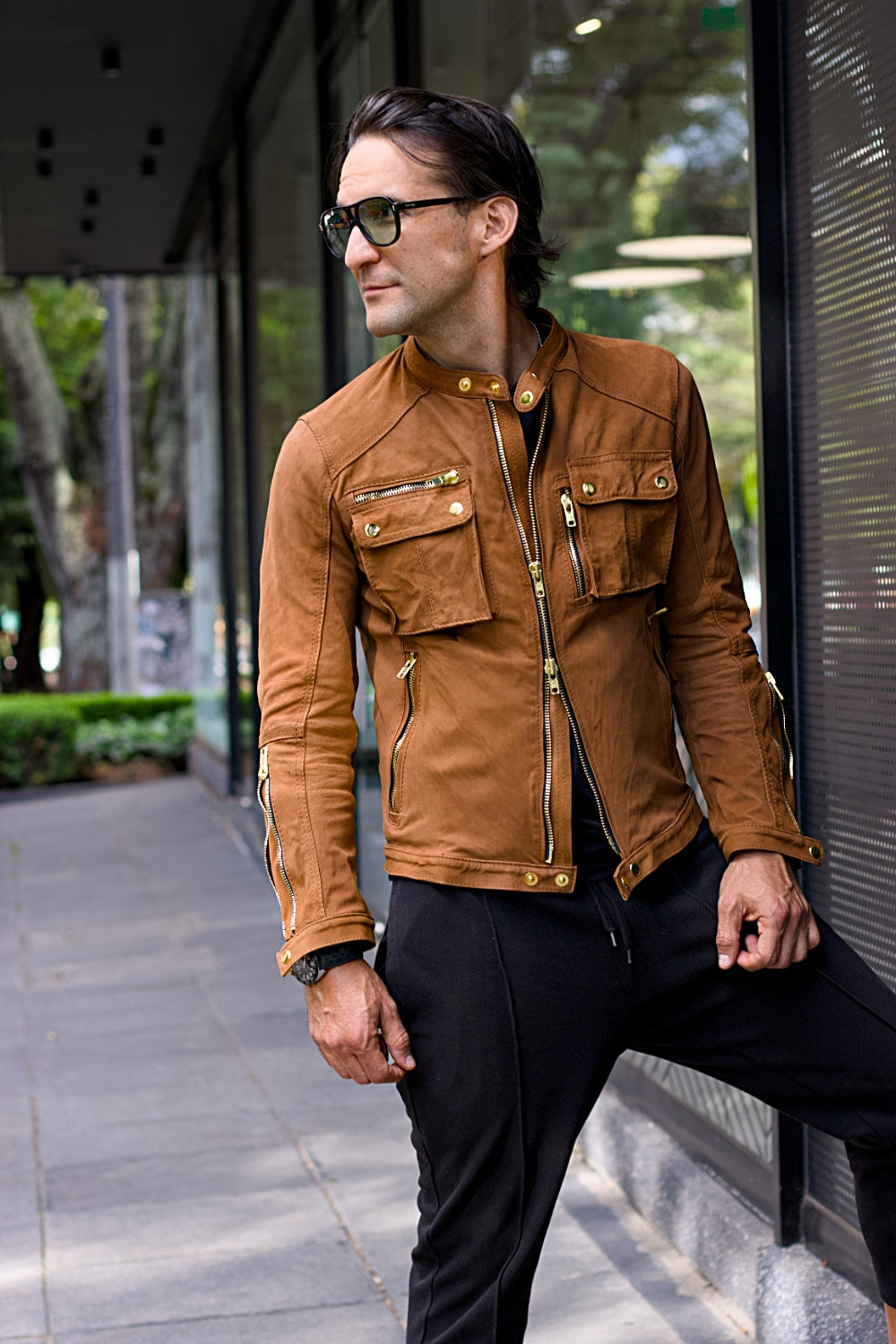 Mi6 Leather Jacket in Amber with Gold Accents - Mens - Cargo Pockets