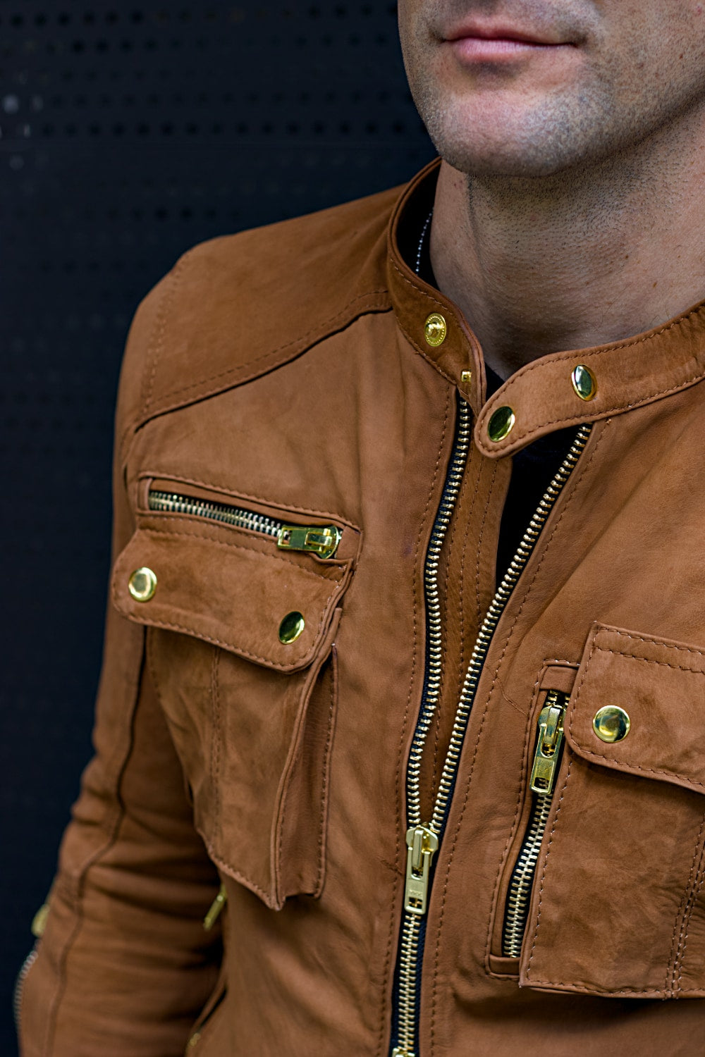Mi6 Leather Jacket in Amber with Gold Accents - Mens - Cargo Pockets