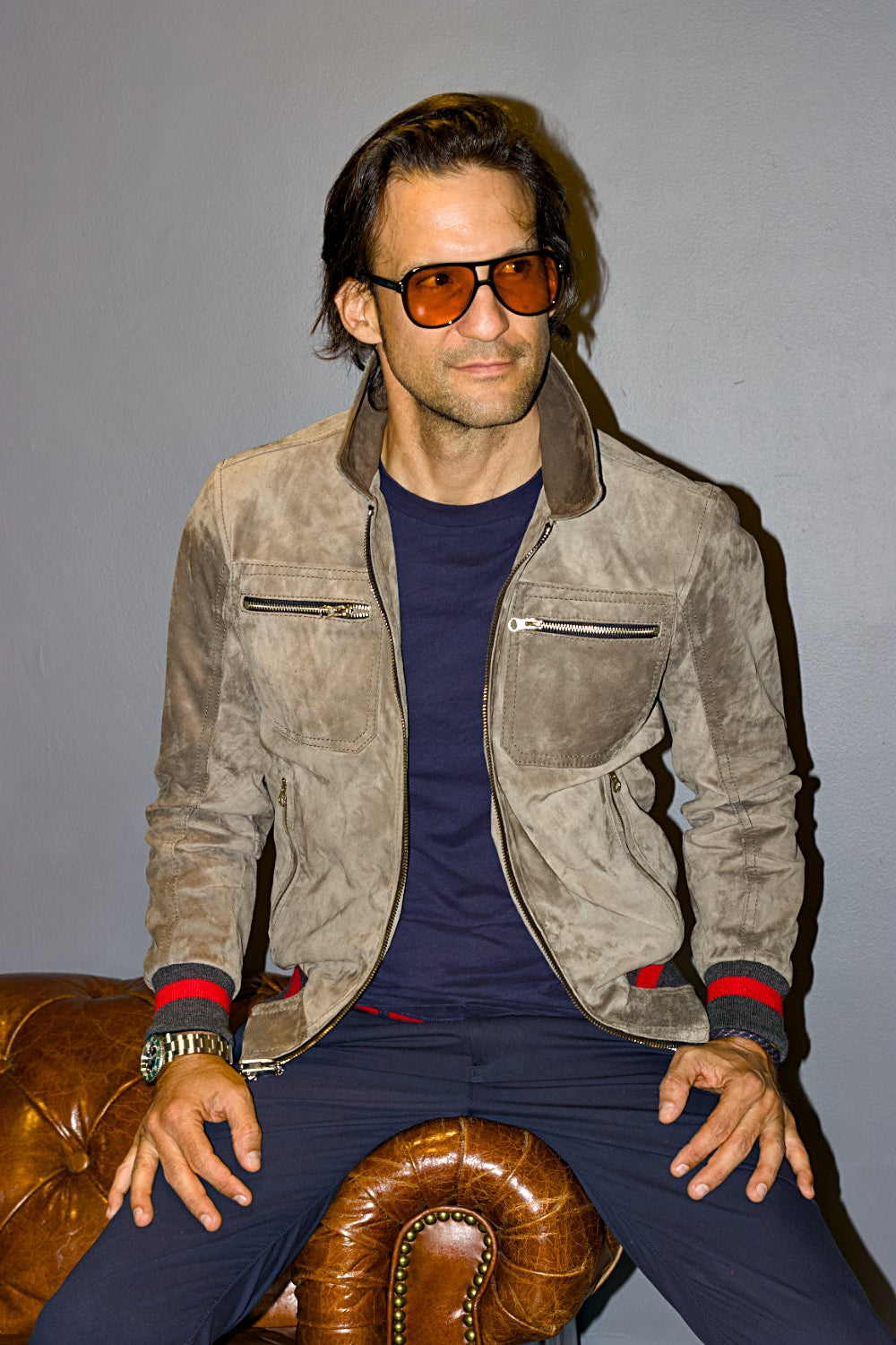 LONDON AIR Light Suede Jacket Taupe Color Red Stripes Ribbing Metallic Zippers - Mens