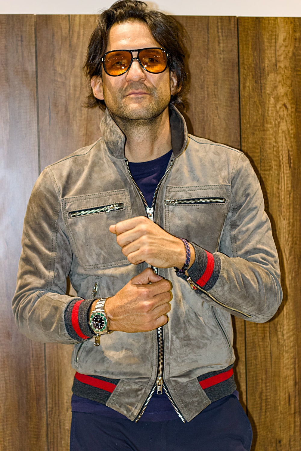 LONDON AIR Light Suede Jacket Taupe Color Red Stripes Ribbing Metallic Zippers - Mens