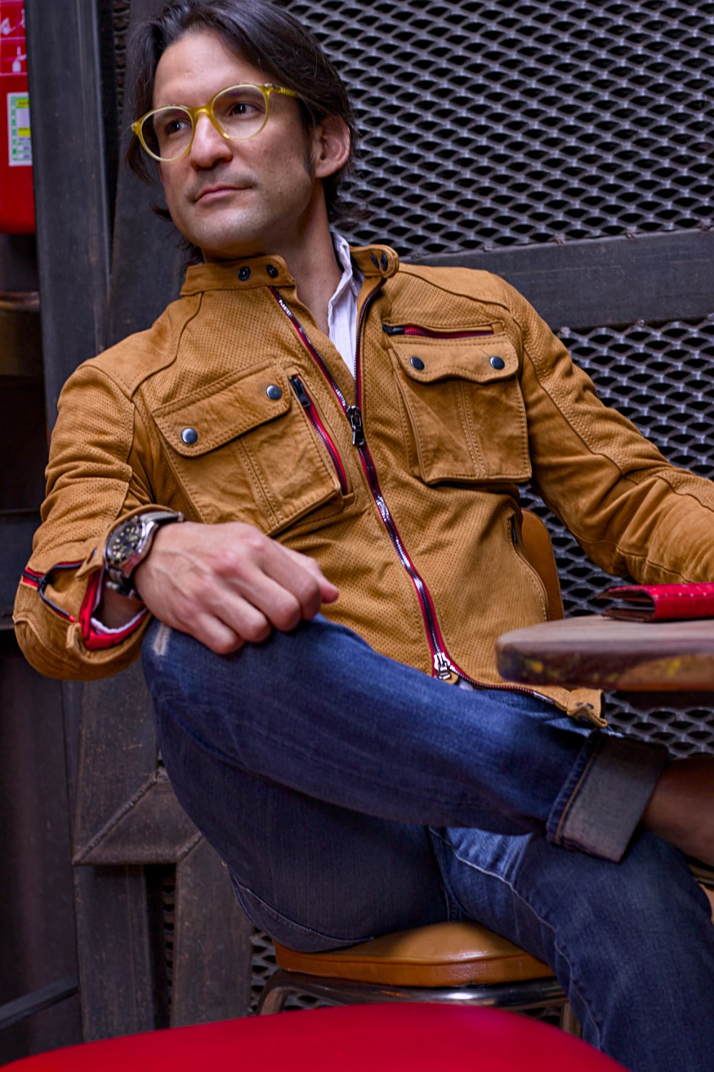 Mi6 Leather Jacket Perforated in Amber with red Accents - Mens - Cargo Pockets