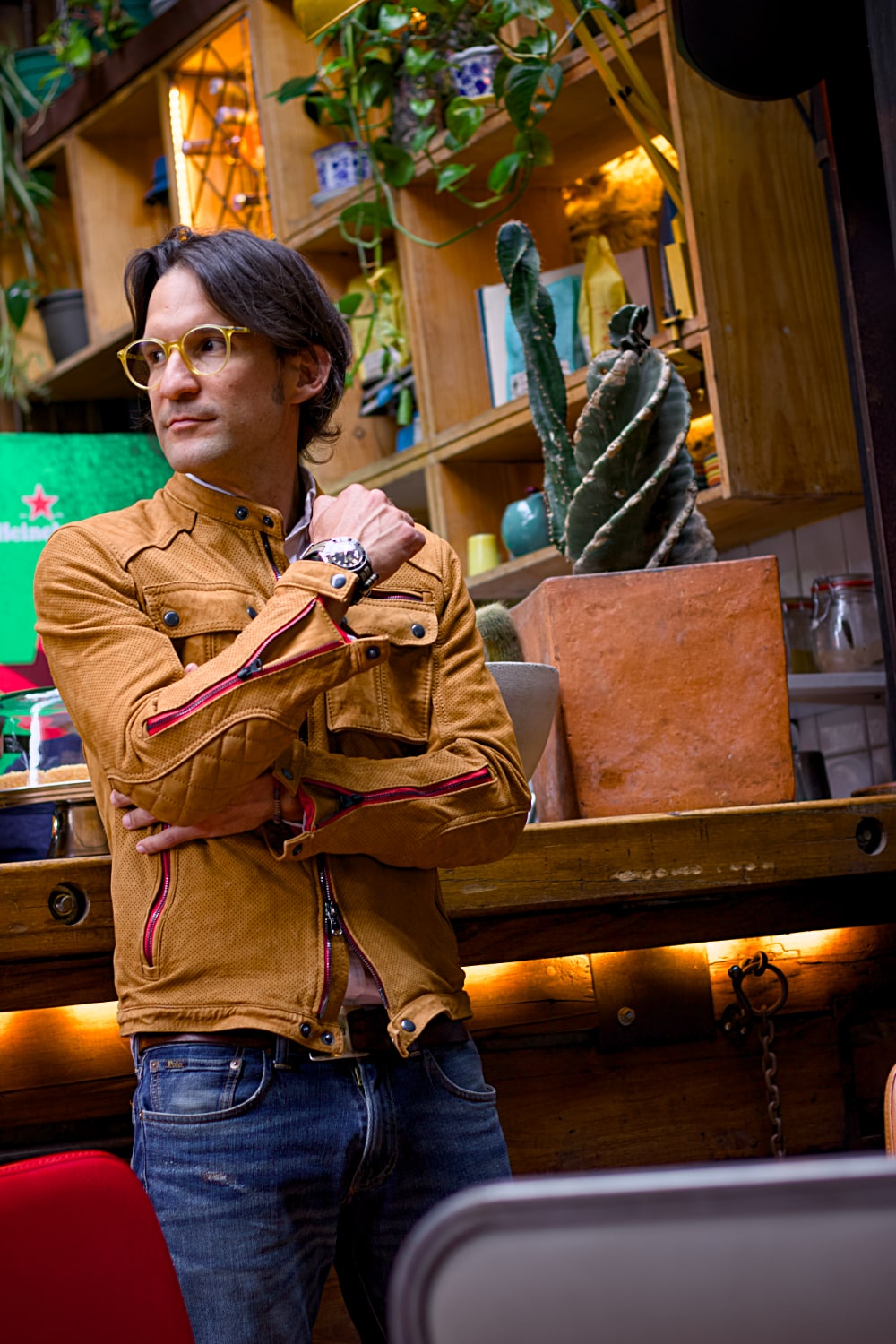 Mi6 Leather Jacket Perforated in Amber with red Accents - Mens - Cargo Pockets