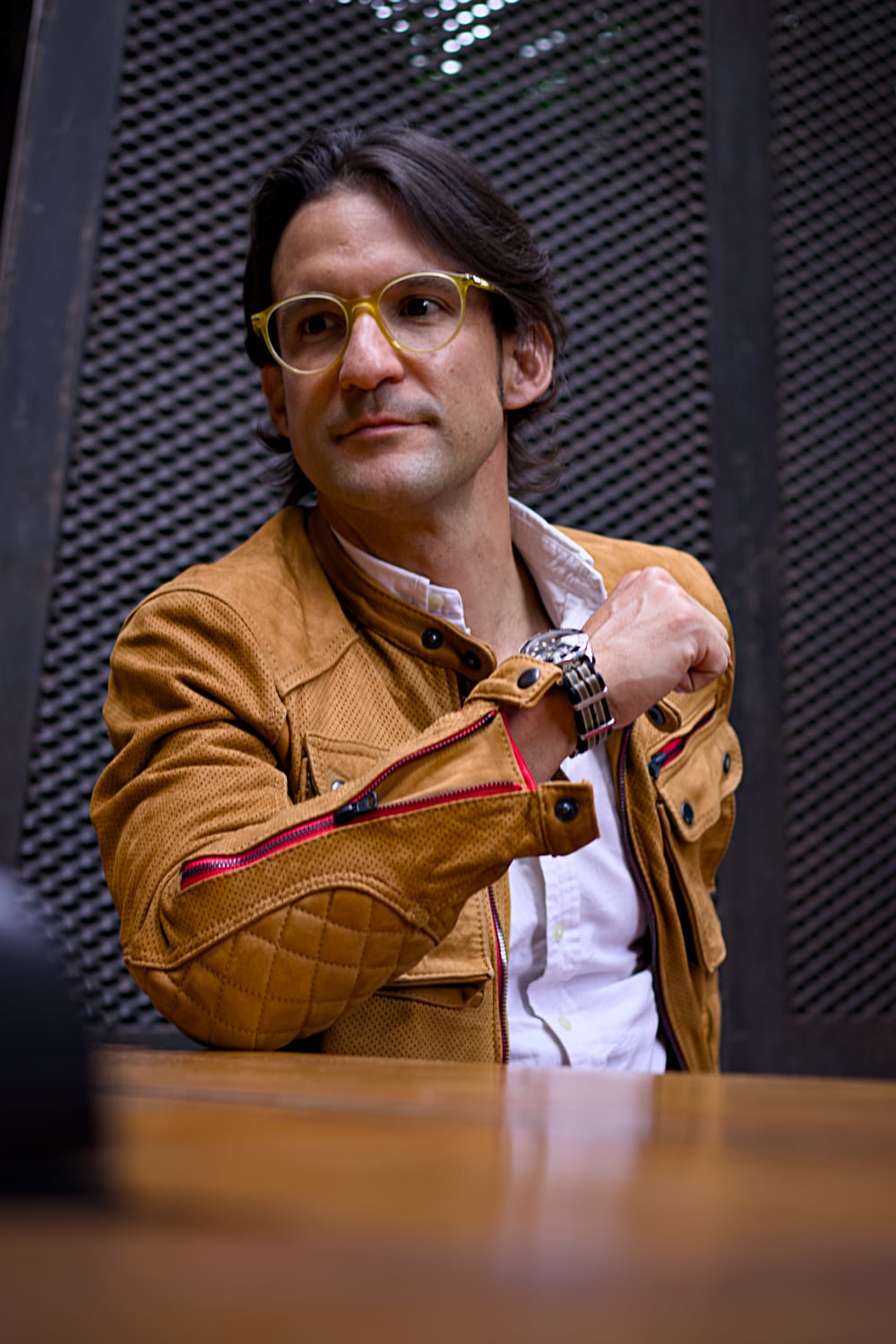 Mi6 Leather Jacket Perforated in Amber with red Accents - Mens - Cargo Pockets