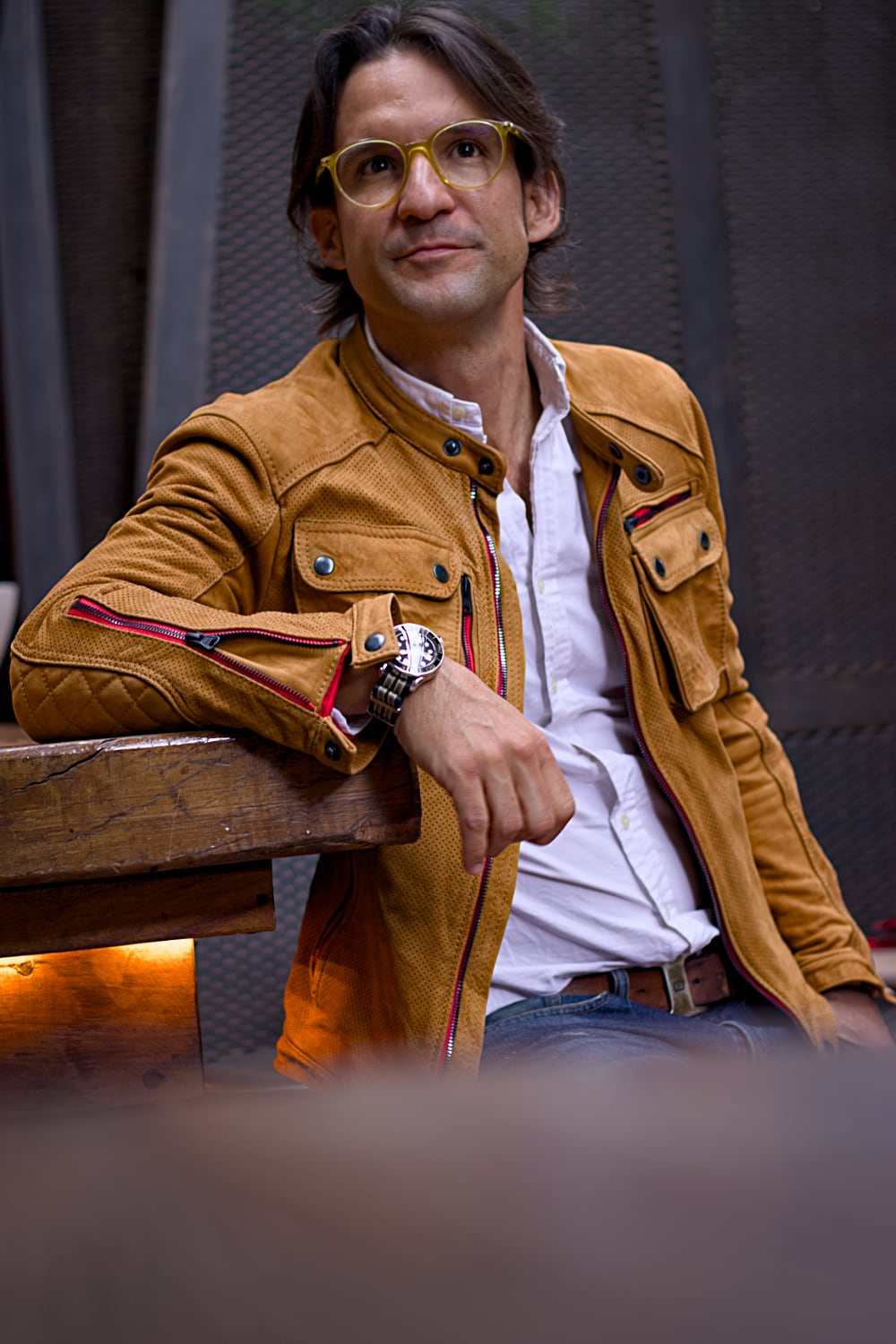 Mi6 Leather Jacket Perforated in Amber with red Accents - Mens - Cargo Pockets