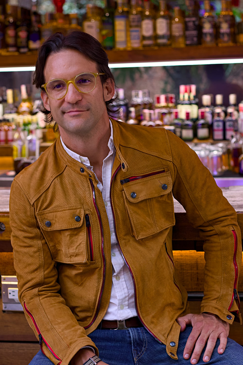 Mi6 Leather Jacket Perforated in Amber with red Accents - Mens - Cargo Pockets