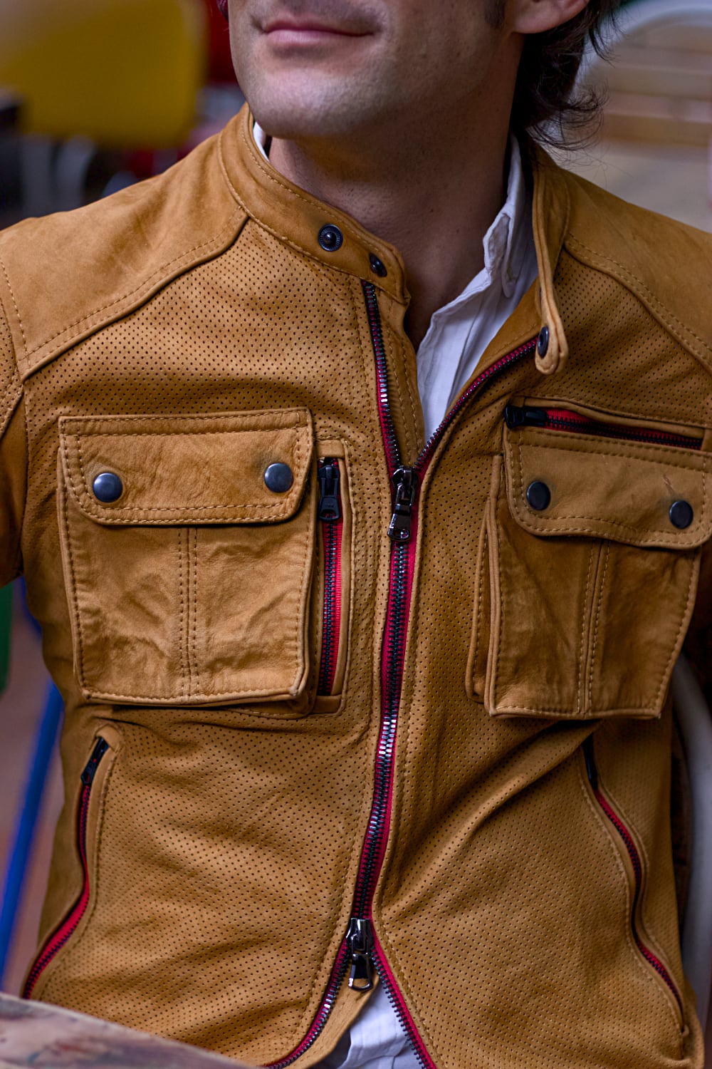 Mi6 Leather Jacket Perforated in Amber with red Accents - Mens - Cargo Pockets