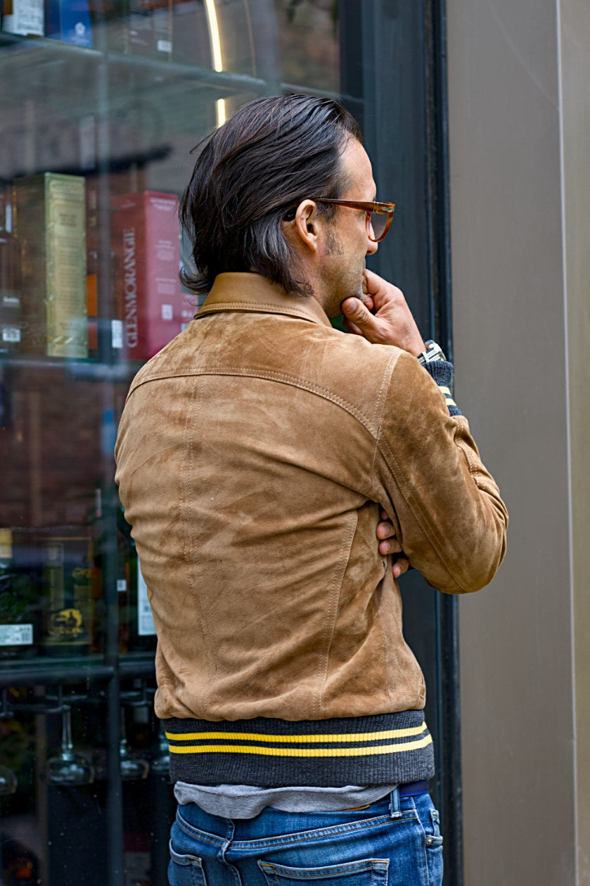 LONDON AIR Light Suede Jacket Camel Color Yellow Stripes Ribbing Metallic Zippers - Mens