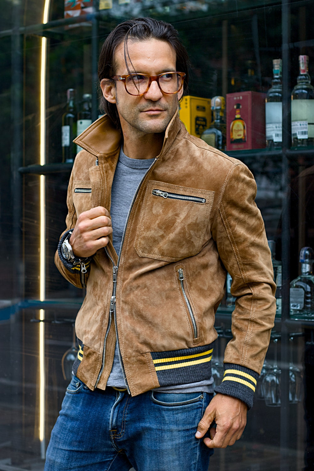 LONDON AIR Light Suede Jacket Camel Color Yellow Stripes Ribbing Metallic Zippers - Mens