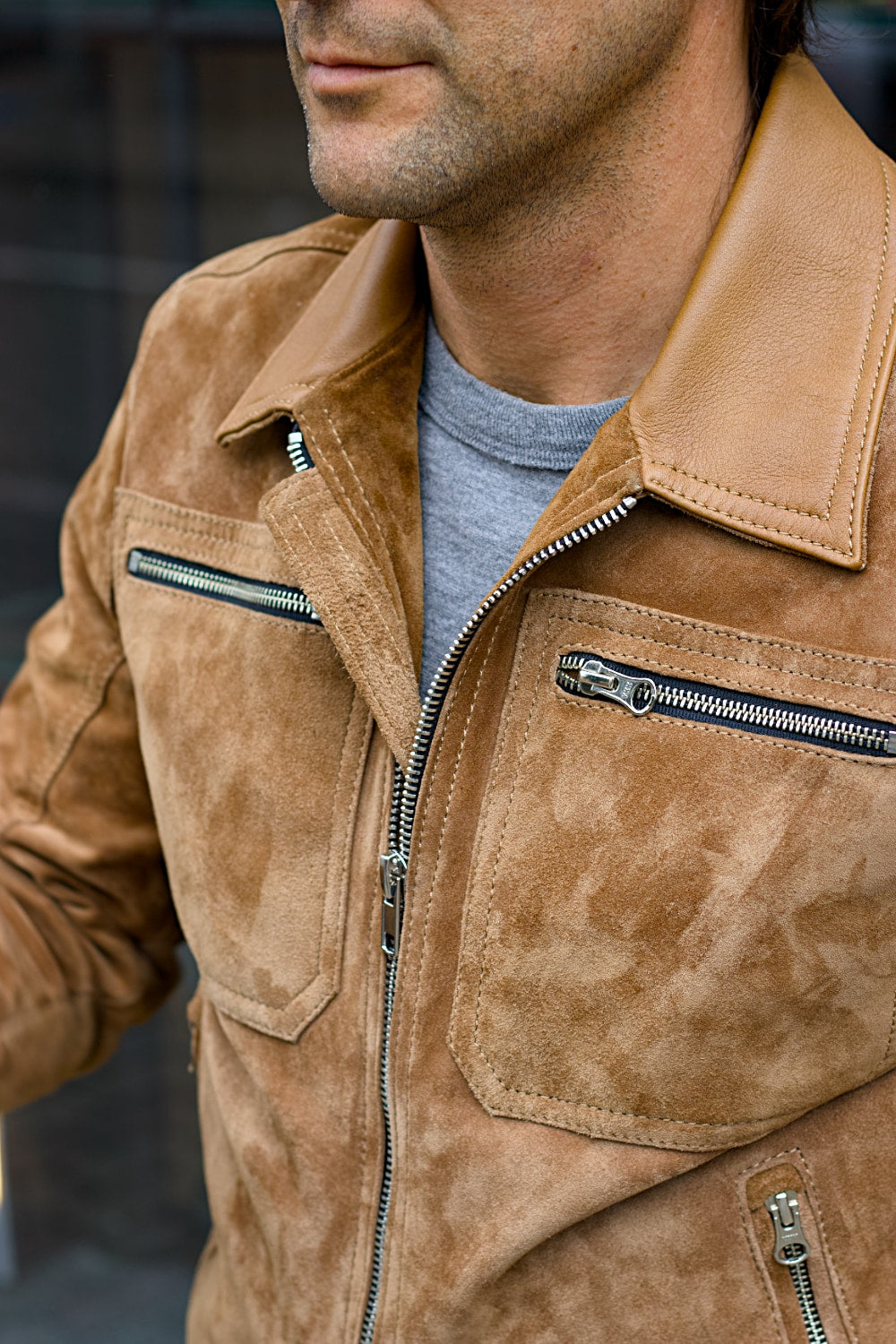 LONDON AIR Light Suede Jacket Camel Color Yellow Stripes Ribbing Metallic Zippers - Mens