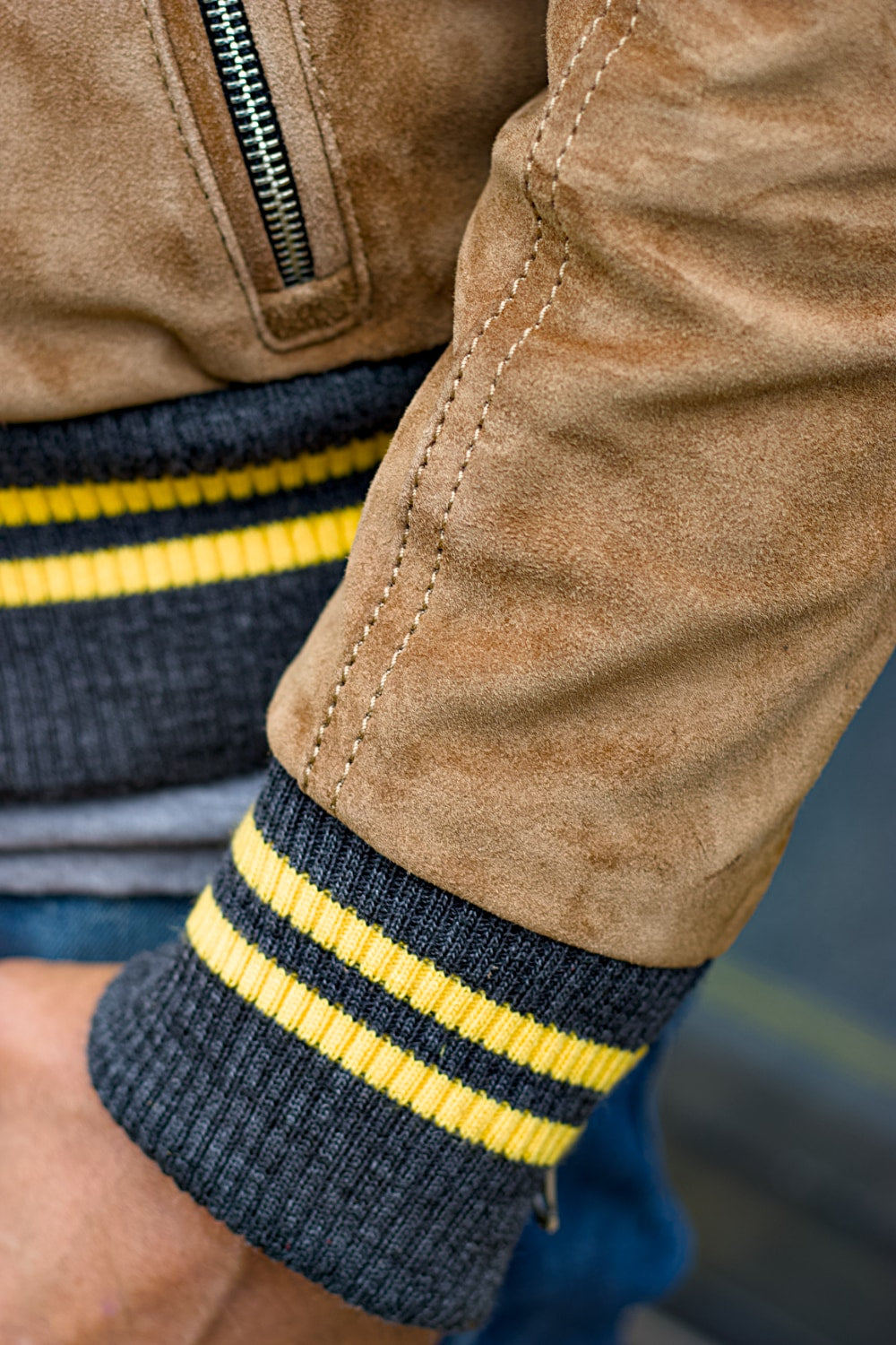 LONDON AIR Light Suede Jacket Camel Color Yellow Stripes Ribbing Metallic Zippers - Mens