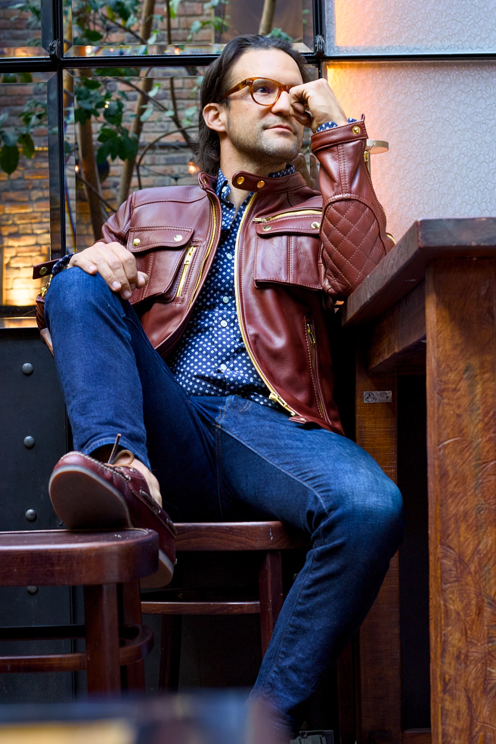 Mi6 Leather Jacket in Burgundy with gold zippers - yellow accents - Mens - Cargo Pockets