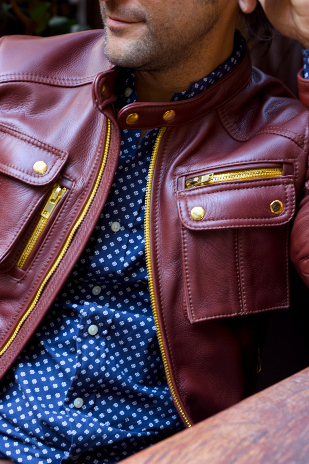 Mi6 Leather Jacket in Burgundy with gold zippers - yellow accents - Mens - Cargo Pockets