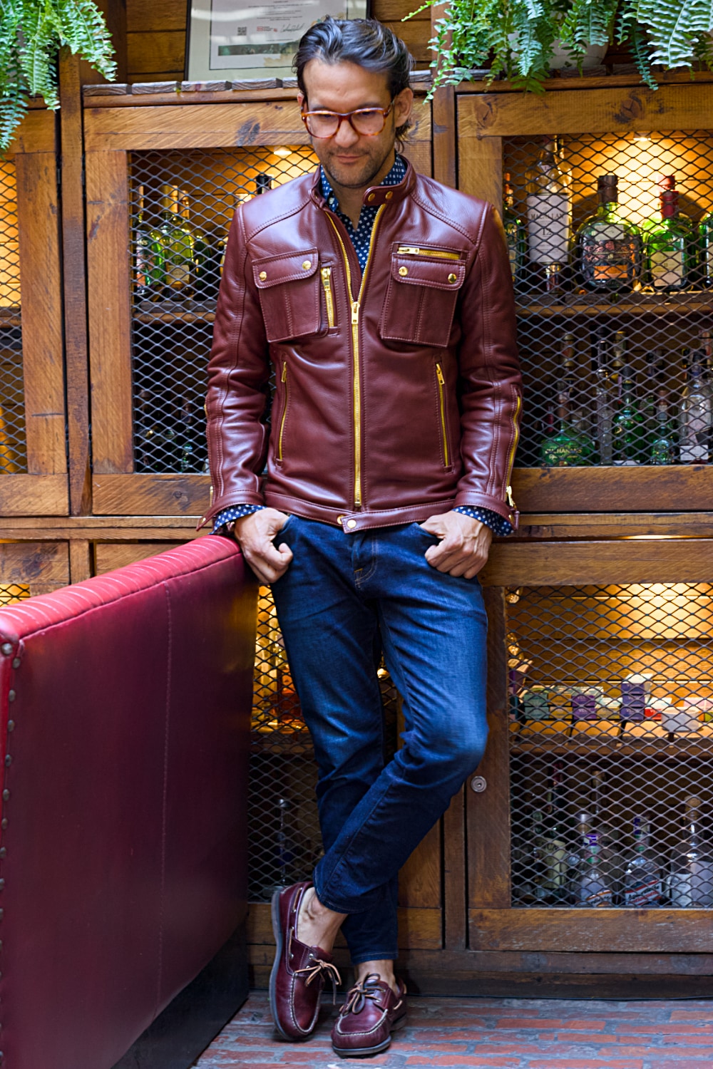Mi6 Leather Jacket in Burgundy with gold zippers - yellow accents - Mens - Cargo Pockets