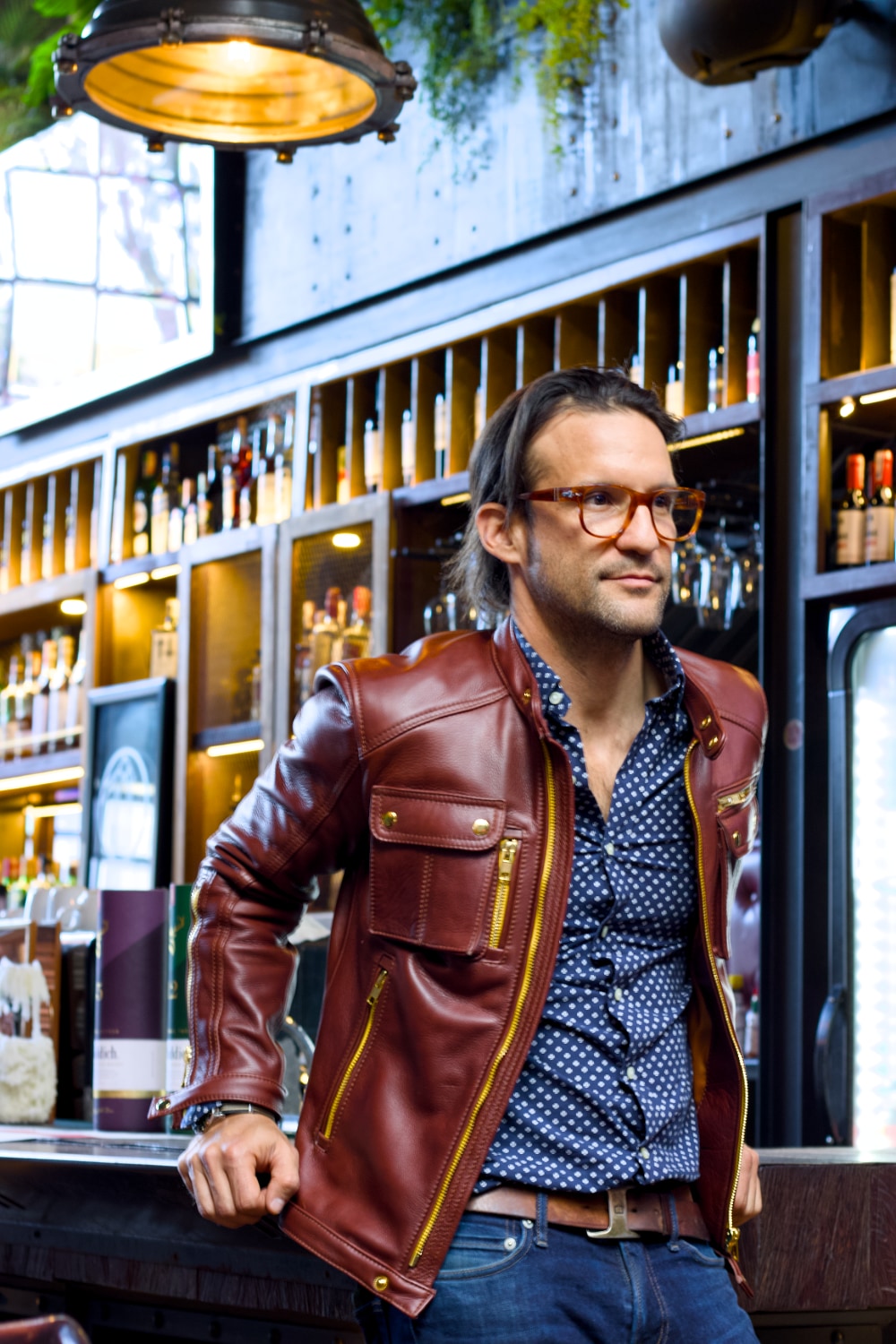 Mi6 Leather Jacket in Burgundy with gold zippers - yellow accents - Mens - Cargo Pockets