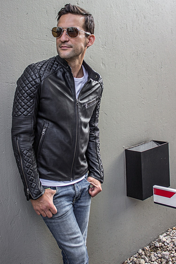 R79 QS Leather Jacket in Black Calfskin - Quilted, Cafe Racer Style
