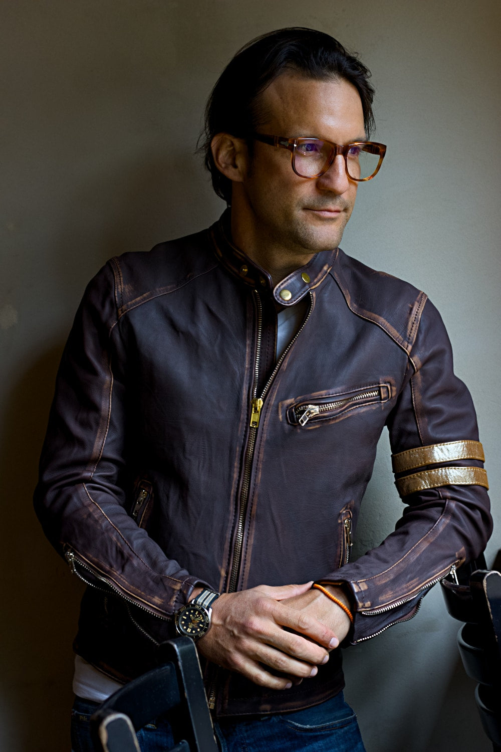 GOLD 26 Leather jacket Mens in Distressed Brown - Stone Washed