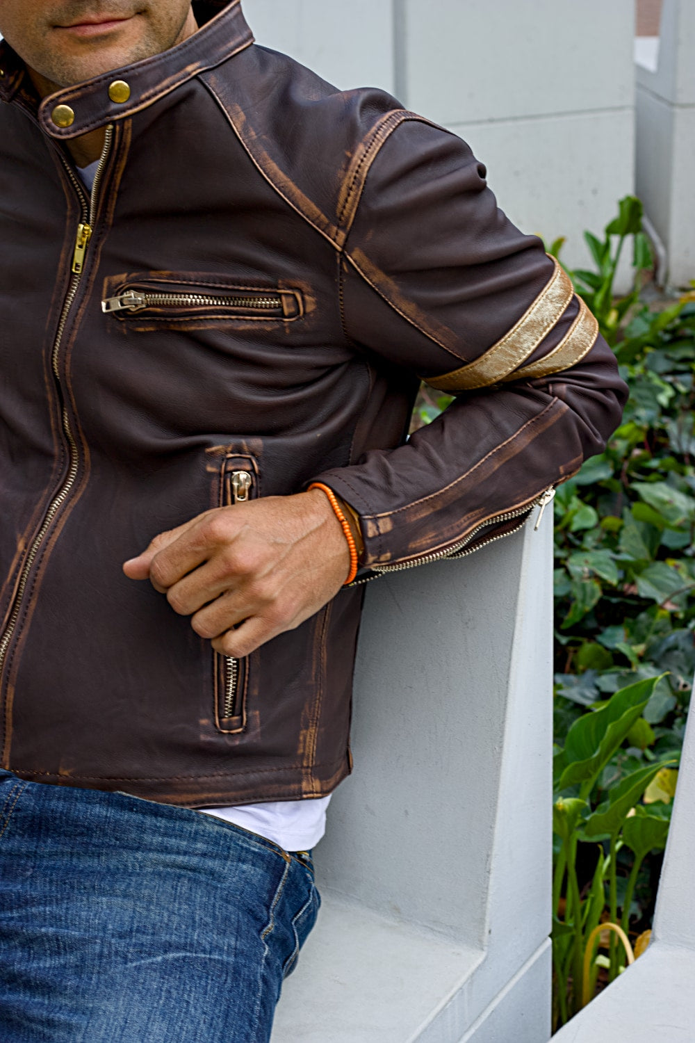 GOLD 26 Leather jacket Mens in Distressed Brown - Stone Washed