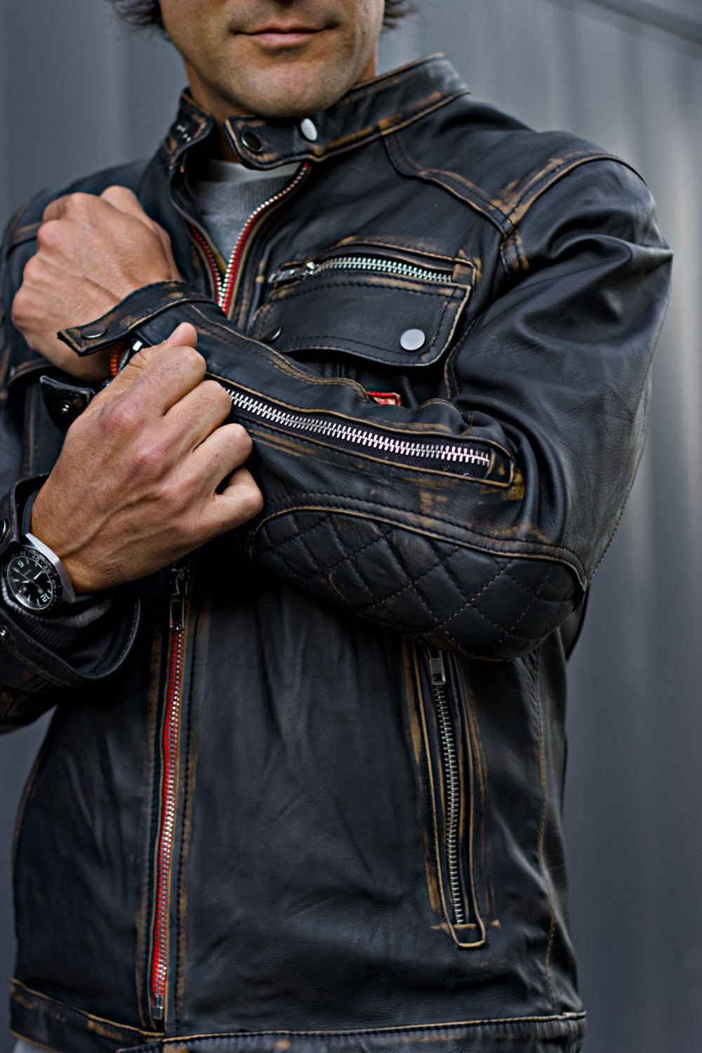 MI6 Vintage Mens HEUER Edition Metallic Zippers Mens Distressed Black