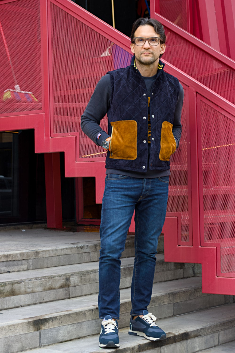 GM Leather - Suede Vest in diamonded Blue & Brown Mens - Wool with Stripes