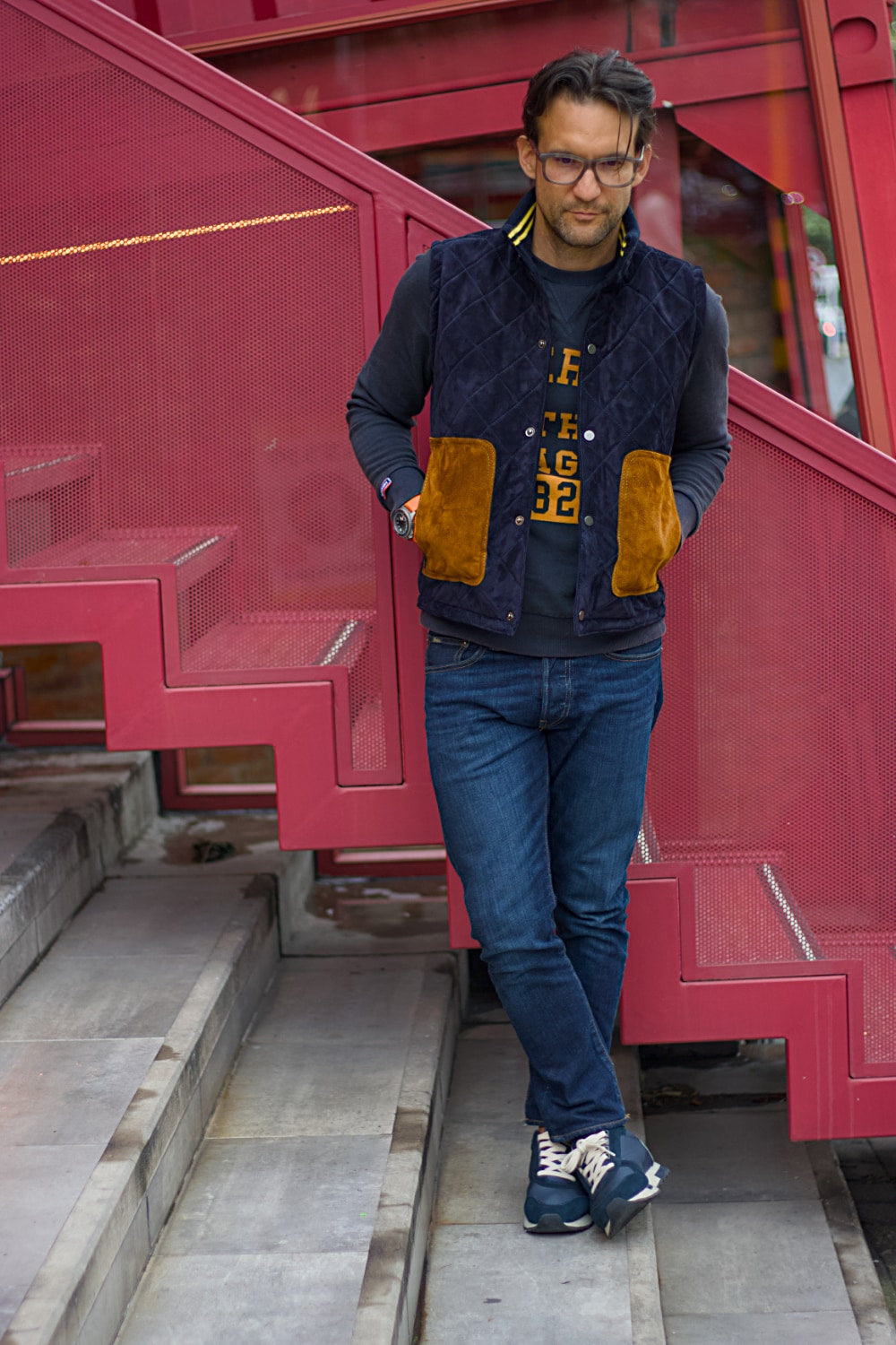 GM Leather - Suede Vest in diamonded Blue & Brown Mens - Wool with Stripes