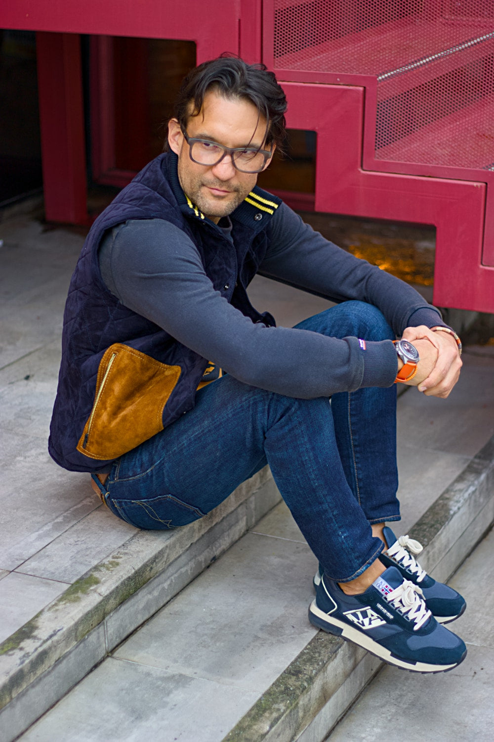 GM Leather - Suede Vest in diamonded Blue & Brown Mens - Wool with Stripes