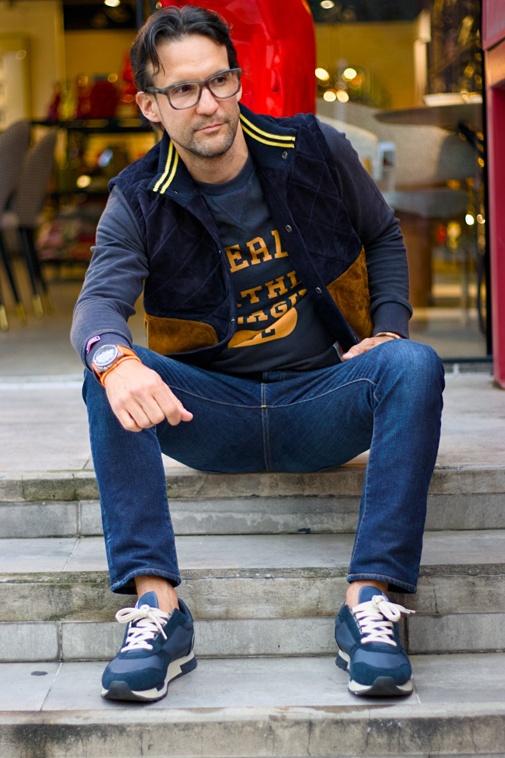 GM Leather - Suede Vest in diamonded Blue & Brown Mens - Wool with Stripes