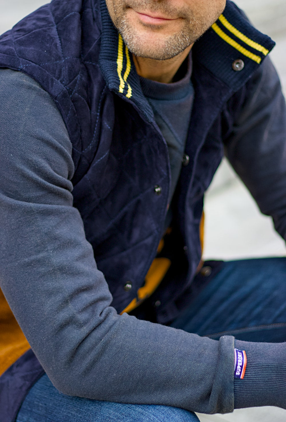 GM Leather - Suede Vest in diamonded Blue & Brown Mens - Wool with Stripes