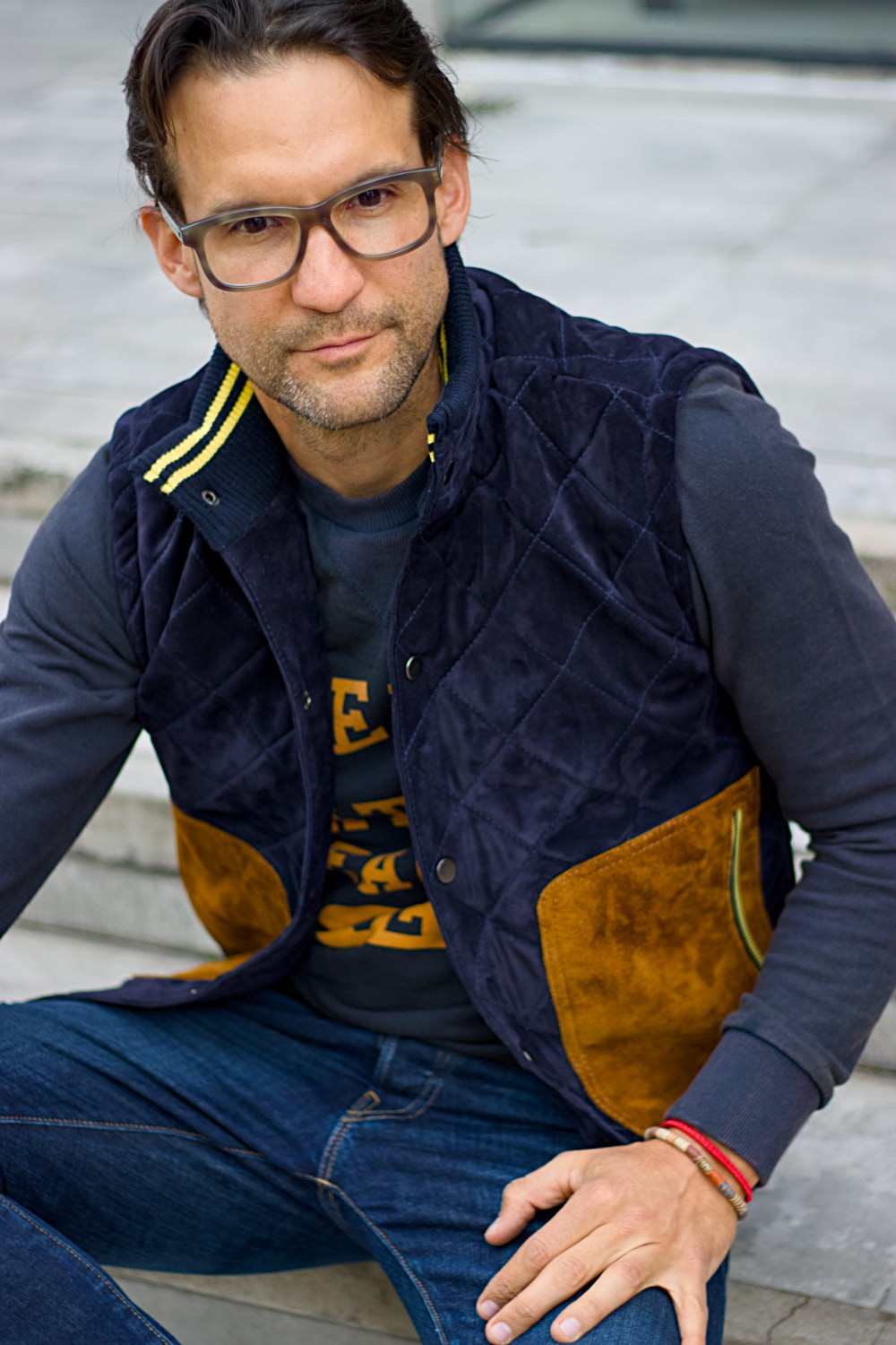 GM Leather - Suede Vest in diamonded Blue & Brown Mens - Wool with Stripes