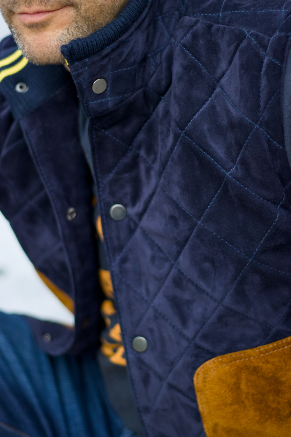 GM Leather - Suede Vest in diamonded Blue & Brown Mens - Wool with Stripes