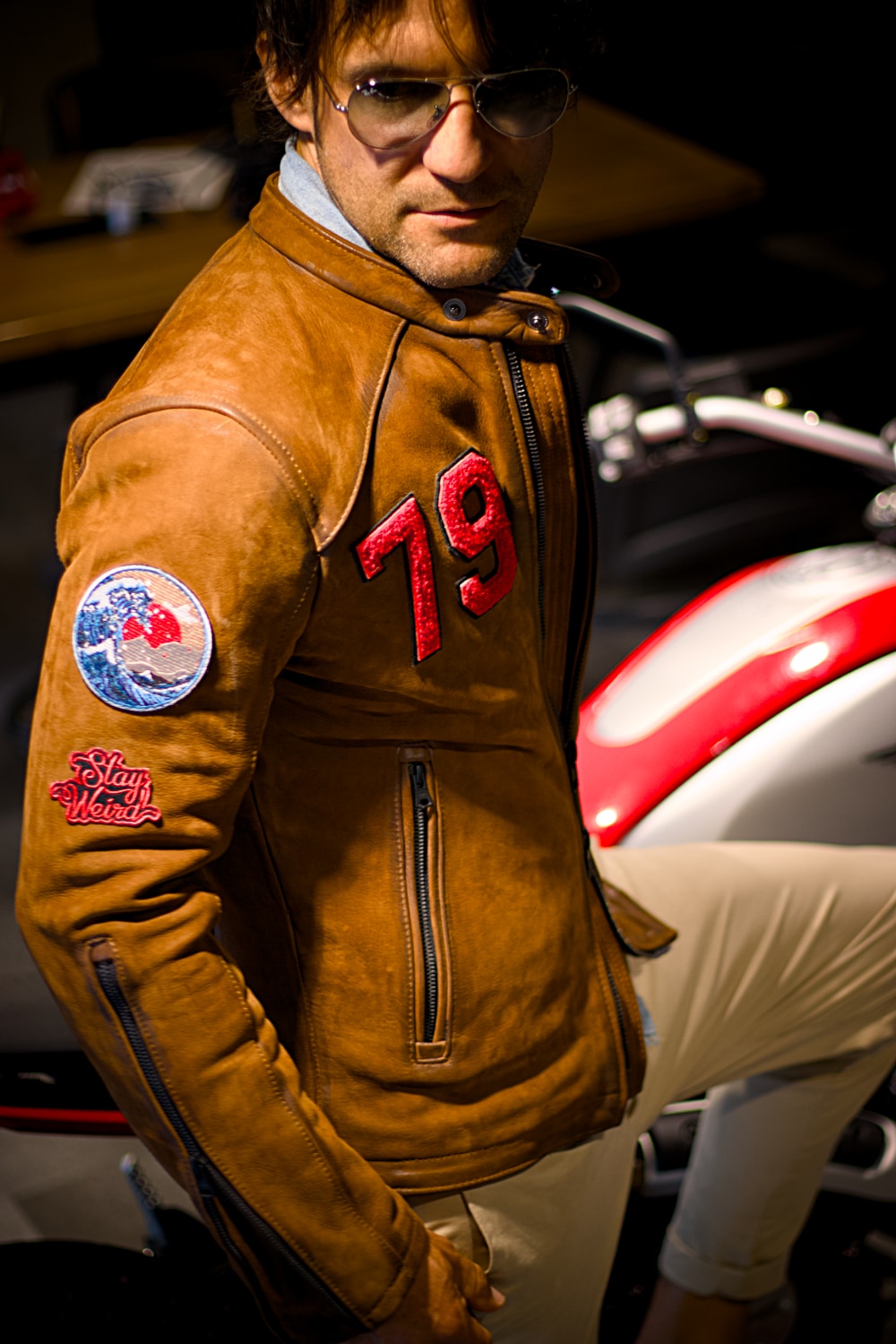 R79 26' LIMITED Patches Leather Jacket in Nubuck Suede Hand-waxed burnished - Mens