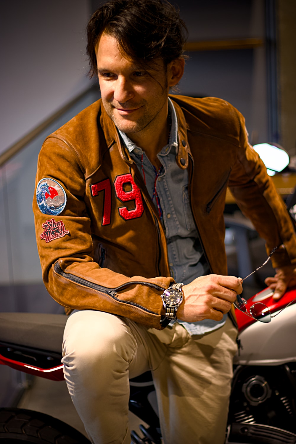 R79 26' LIMITED Patches Leather Jacket in Nubuck Suede Hand-waxed burnished - Mens