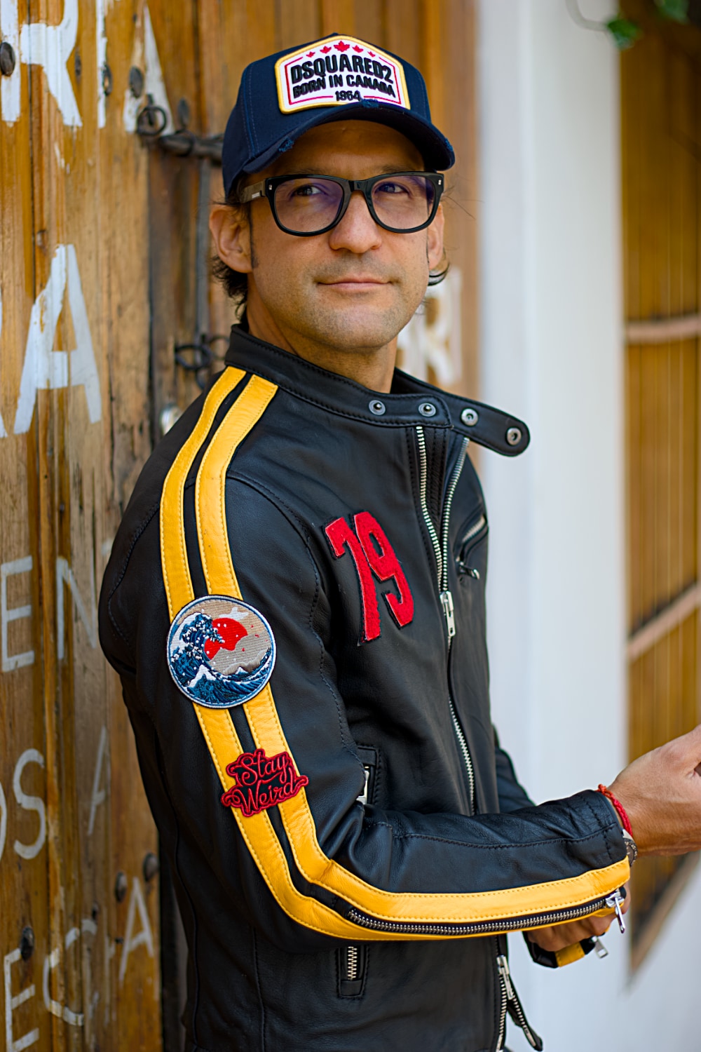 R80 DAYTONA Leather Jacket Yellow stripes with patches - Nickel Hardware