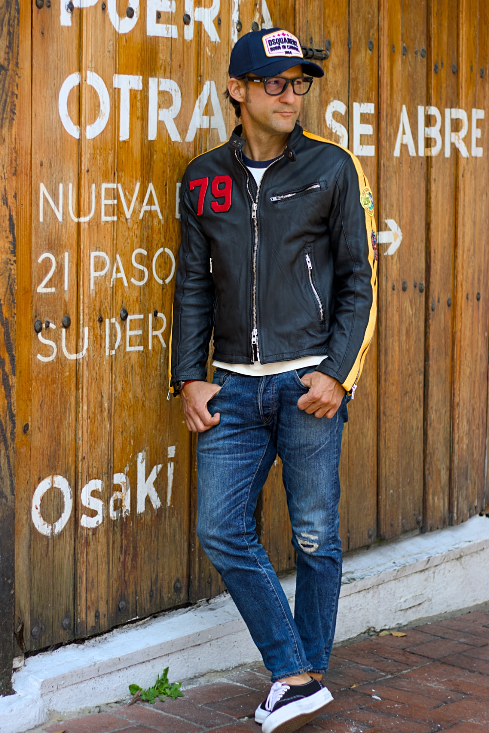 R80 DAYTONA Leather Jacket Yellow stripes with patches - Nickel Hardware