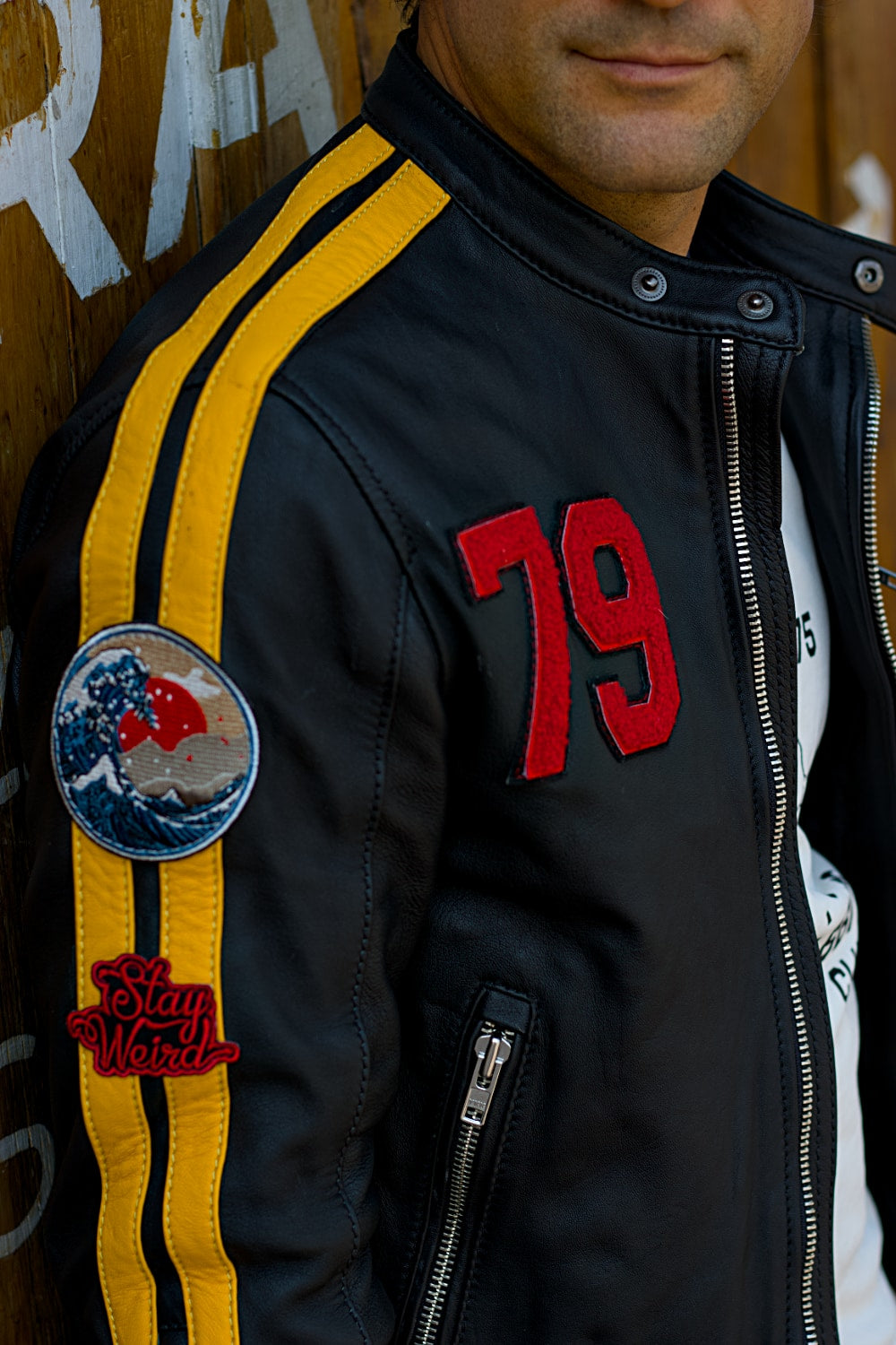 R80 DAYTONA Leather Jacket Yellow stripes with patches - Nickel Hardware