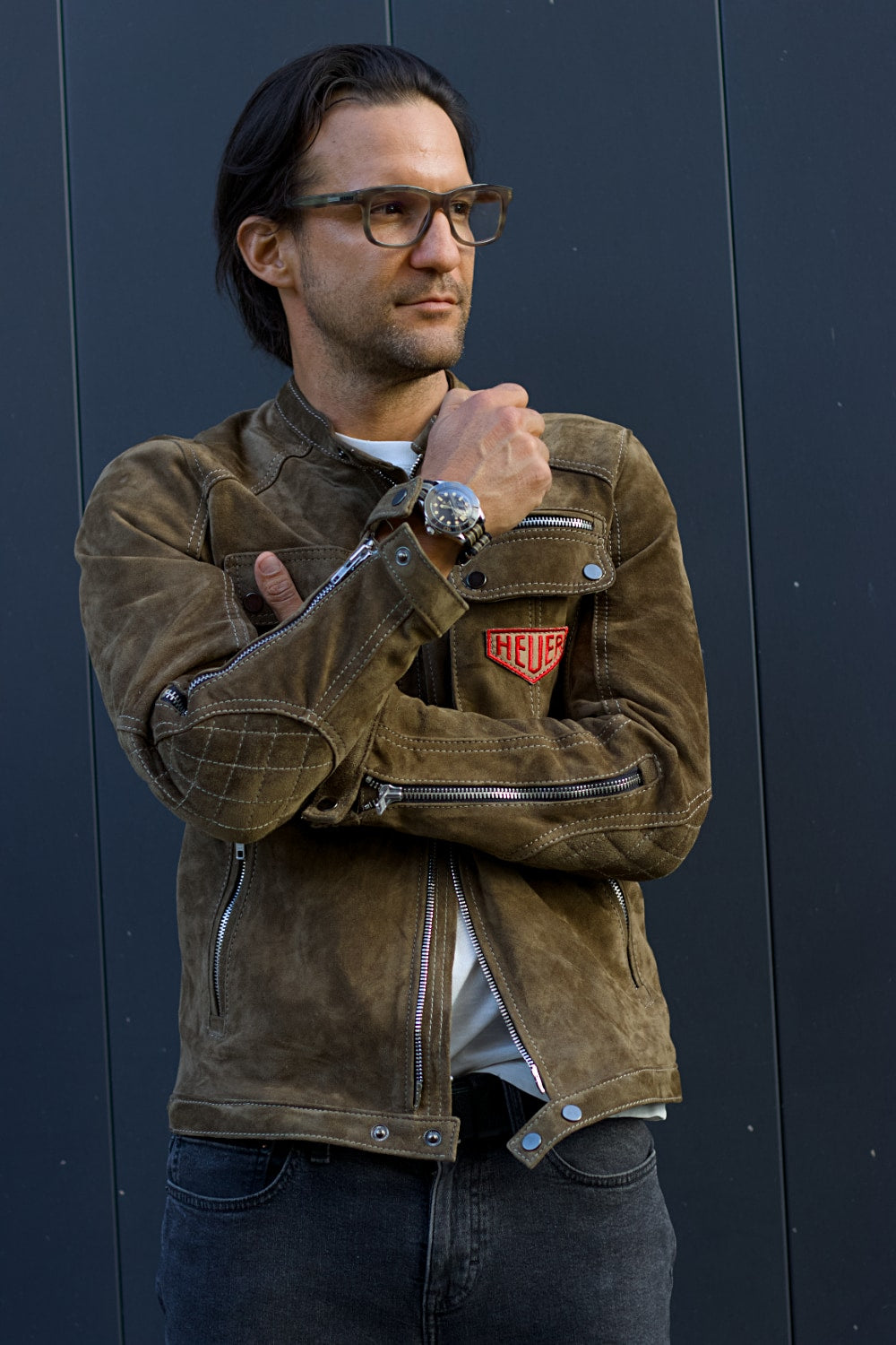 MI6 Vintage Mens HEUER Edition Metallic Zippers Suede Taupee - Mens