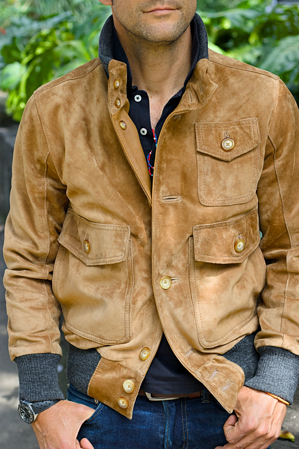 TURIN AX Jacket in Suede - wool collar with buttons -  Sand